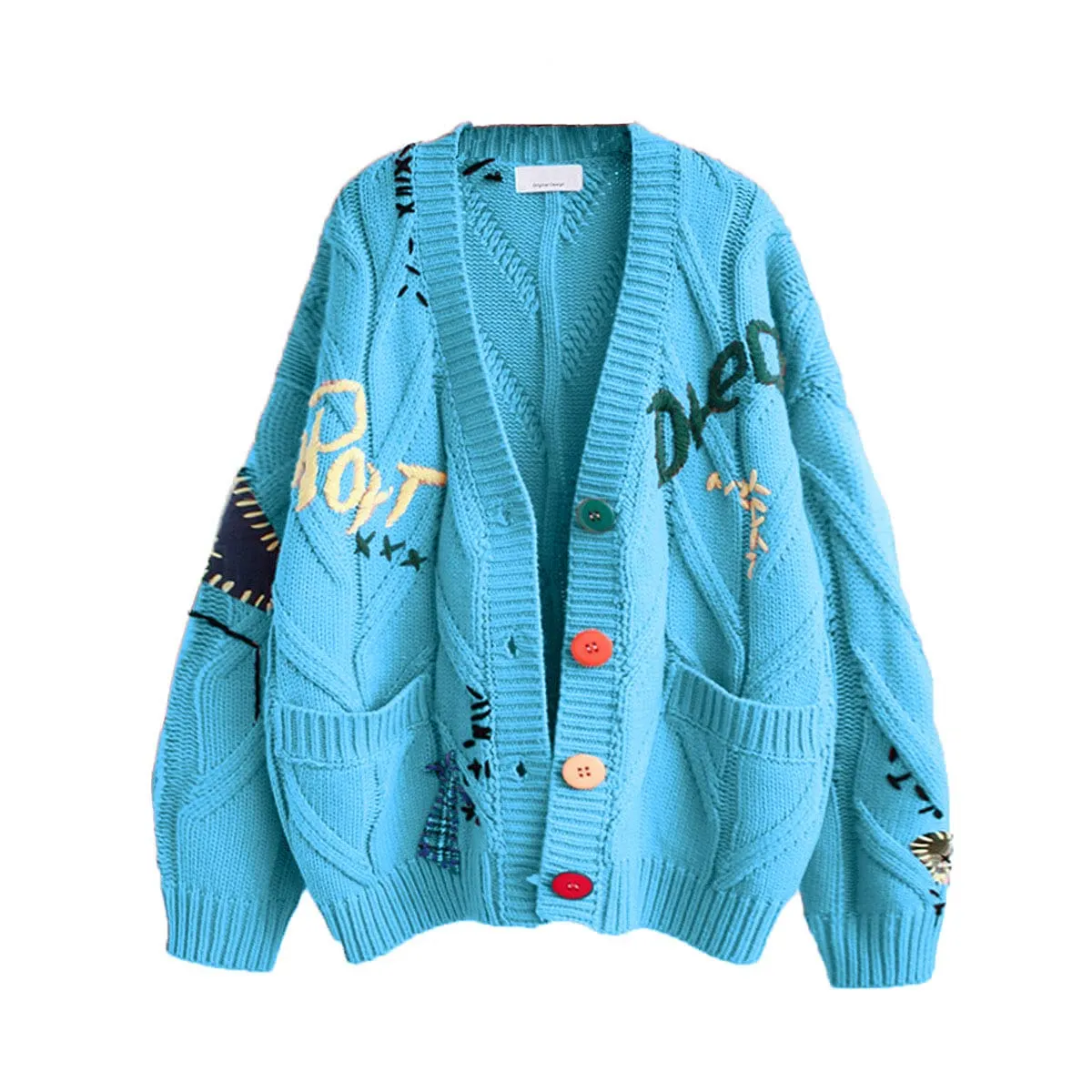 Chouyatou Women's Cable Knit Long Sleeve Open Front Cardigan Sheep V-Neck Button Down Embroidery Wool Blend Sweater Coat Outwear