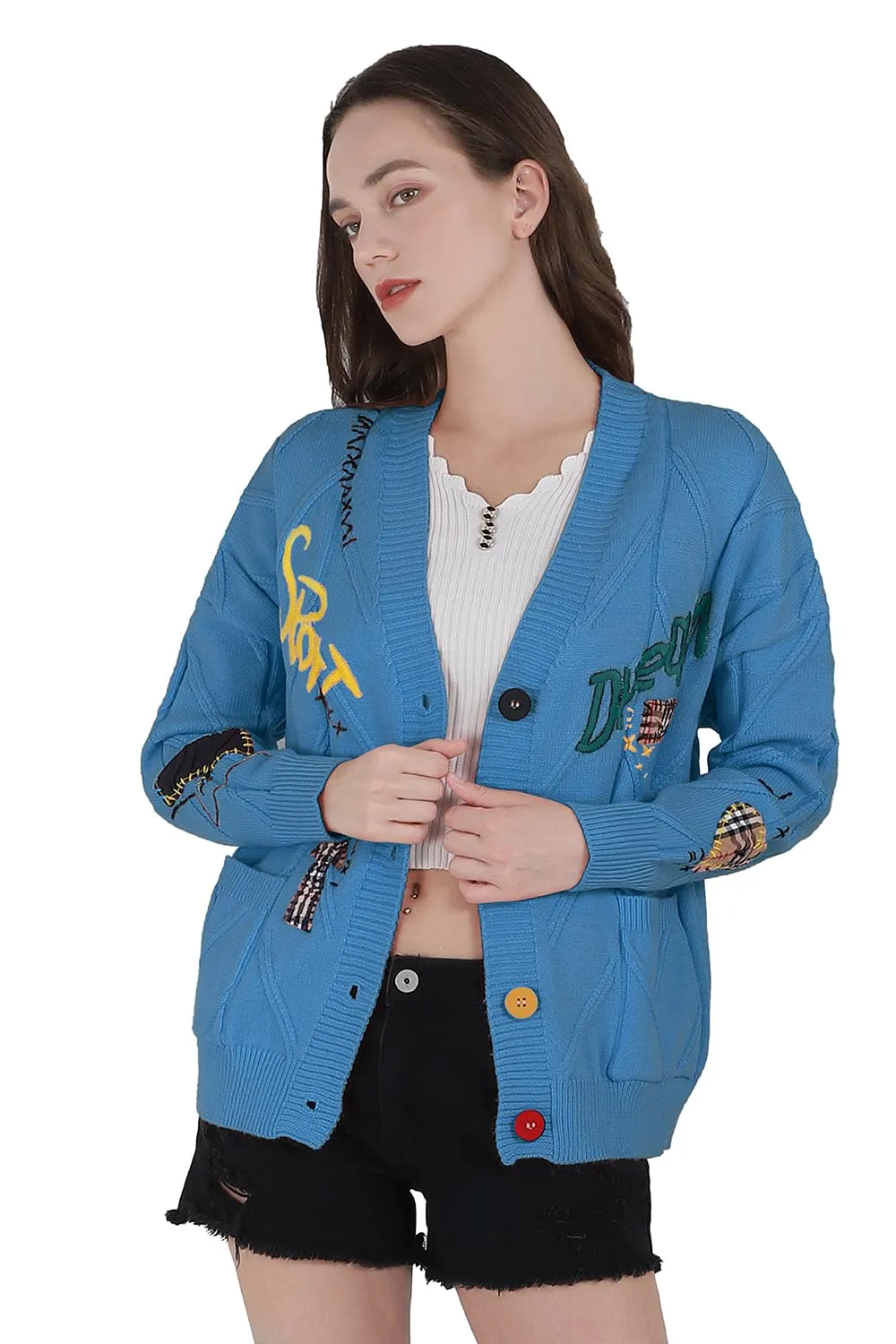 Chouyatou Women's Cable Knit Long Sleeve Open Front Cardigan Sheep V-Neck Button Down Embroidery Wool Blend Sweater Coat Outwear