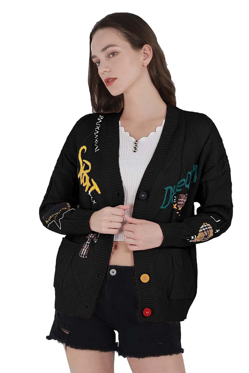 Chouyatou Women's Cable Knit Long Sleeve Open Front Cardigan Sheep V-Neck Button Down Embroidery Wool Blend Sweater Coat Outwear