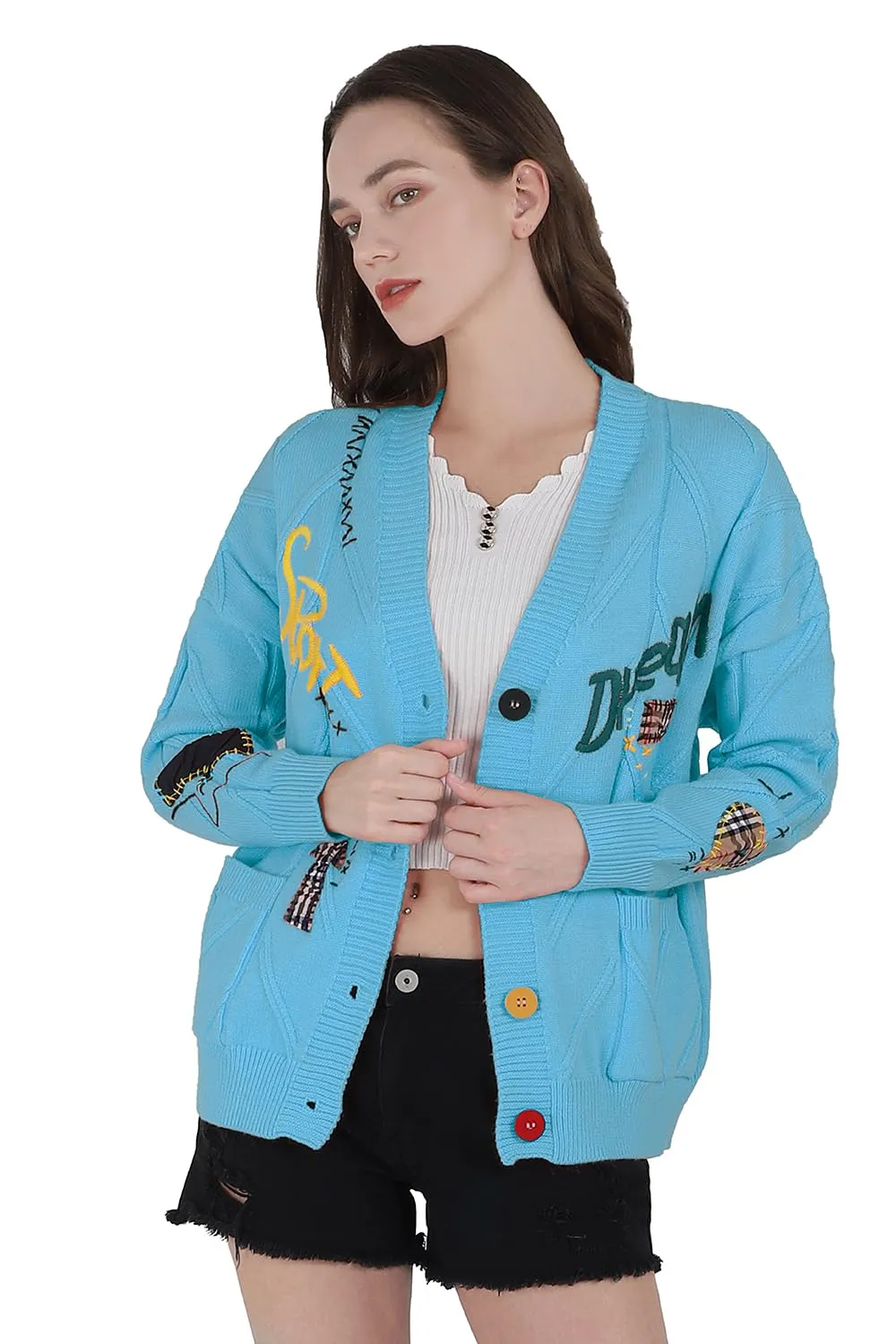 Chouyatou Women's Cable Knit Long Sleeve Open Front Cardigan Sheep V-Neck Button Down Embroidery Wool Blend Sweater Coat Outwear