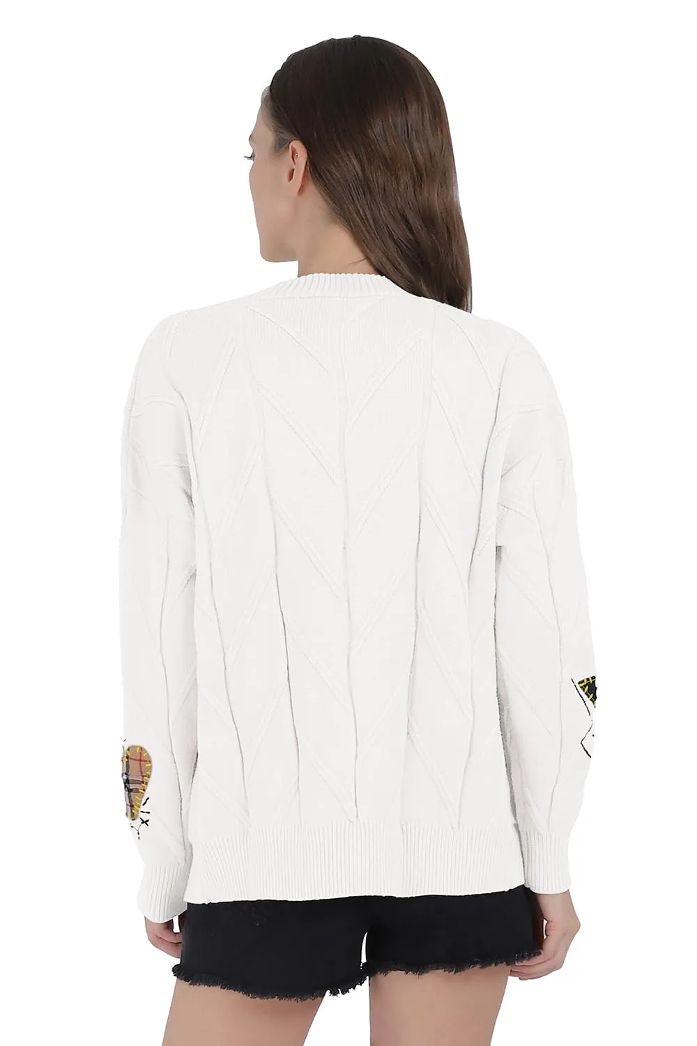 Chouyatou Women's Cable Knit Long Sleeve Open Front Cardigan Sheep V-Neck Button Down Embroidery Wool Blend Sweater Coat Outwear