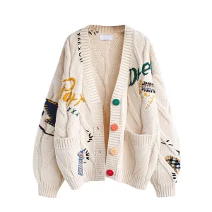 Chouyatou Women's Cable Knit Long Sleeve Open Front Cardigan Sheep V-Neck Button Down Embroidery Wool Blend Sweater Coat Outwear