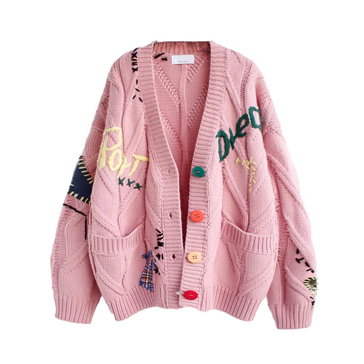 Chouyatou Women's Cable Knit Long Sleeve Open Front Cardigan Sheep V-Neck Button Down Embroidery Wool Blend Sweater Coat Outwear