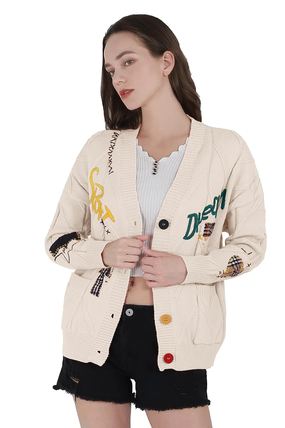 Chouyatou Women's Cable Knit Long Sleeve Open Front Cardigan Sheep V-Neck Button Down Embroidery Wool Blend Sweater Coat Outwear