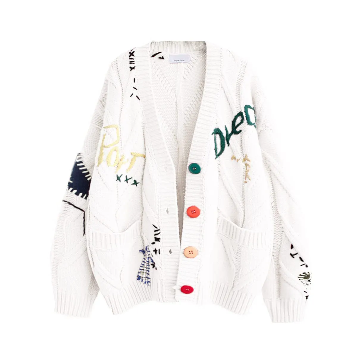 Chouyatou Women's Cable Knit Long Sleeve Open Front Cardigan Sheep V-Neck Button Down Embroidery Wool Blend Sweater Coat Outwear