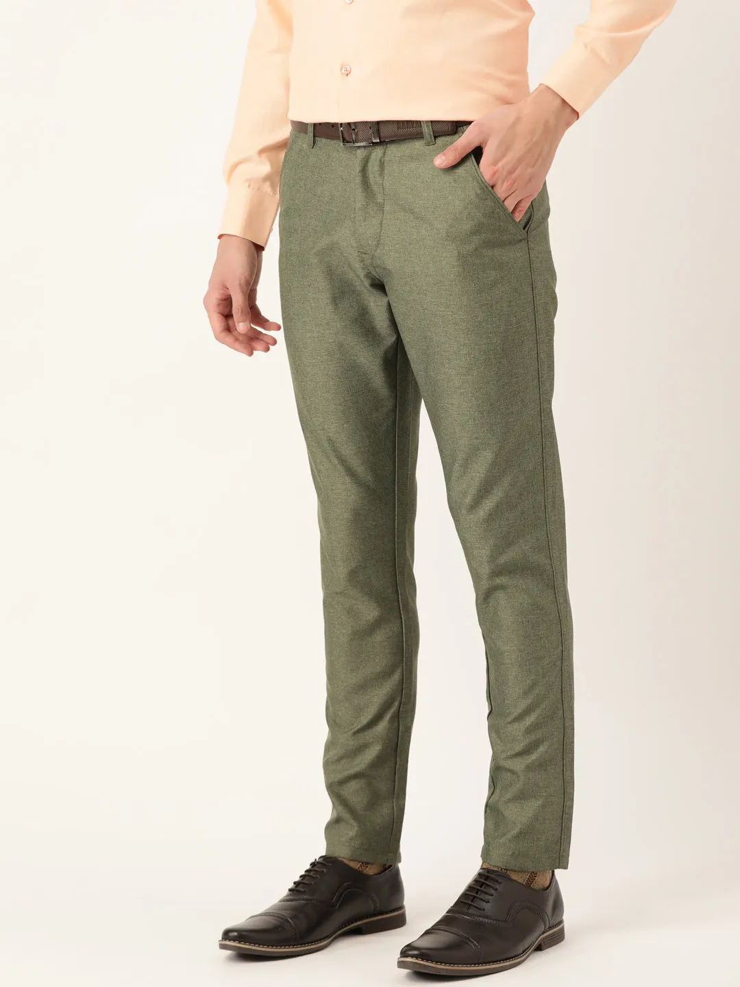 Men's Cotton Blend Green Formal Trousers - Sojanya
