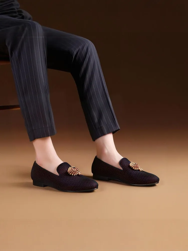 New imported red and black velvet men's smoking shoes exported to Europe and the United States rhinestone metal buckle formal loafers