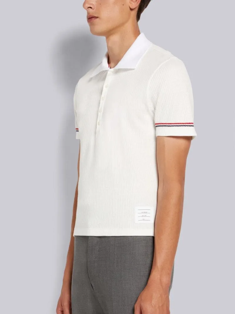 Thom Browne White Micro Thermal Rib Stripe Cuff Polo