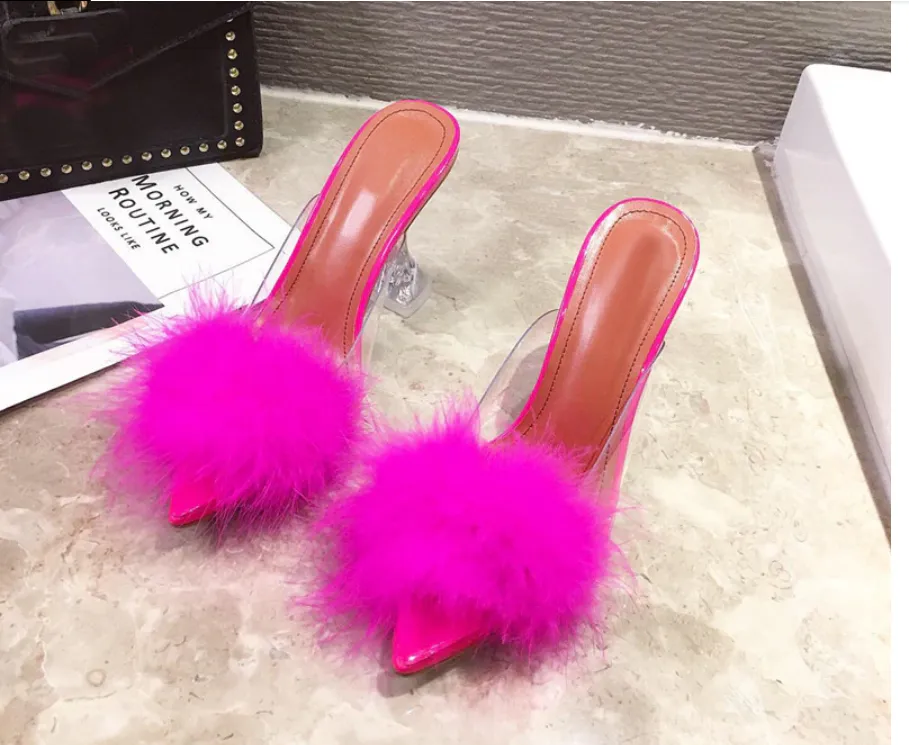 Transparent Peep Toe High Heels Feather Design Women Slip On Mules