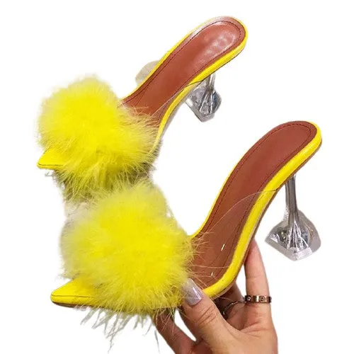 Transparent Peep Toe High Heels Feather Design Women Slip On Mules