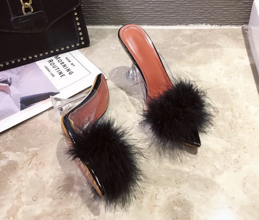 Transparent Peep Toe High Heels Feather Design Women Slip On Mules