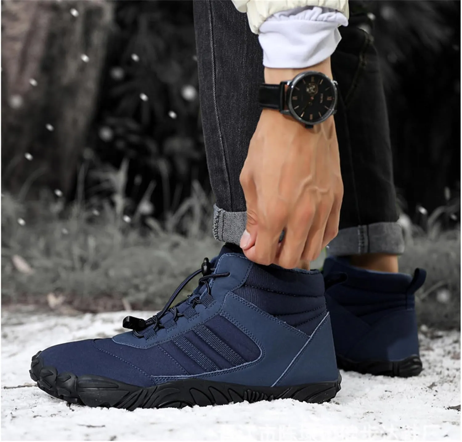 UZUJBAA Men's Winter Warm Wide Toe Barefoot Shoes,Waterproof Fur Lined Minimalist Zero Drop Non-Slip Sole Sneakers Hiking Walking Shoes Comfort Outdoor Ankle Booties with Adjustable Elastic Band