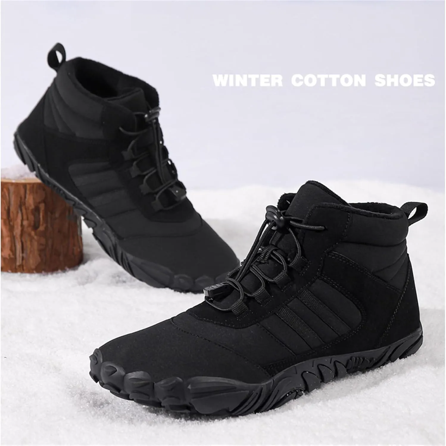 UZUJBAA Men's Winter Warm Wide Toe Barefoot Shoes,Waterproof Fur Lined Minimalist Zero Drop Non-Slip Sole Sneakers Hiking Walking Shoes Comfort Outdoor Ankle Booties with Adjustable Elastic Band