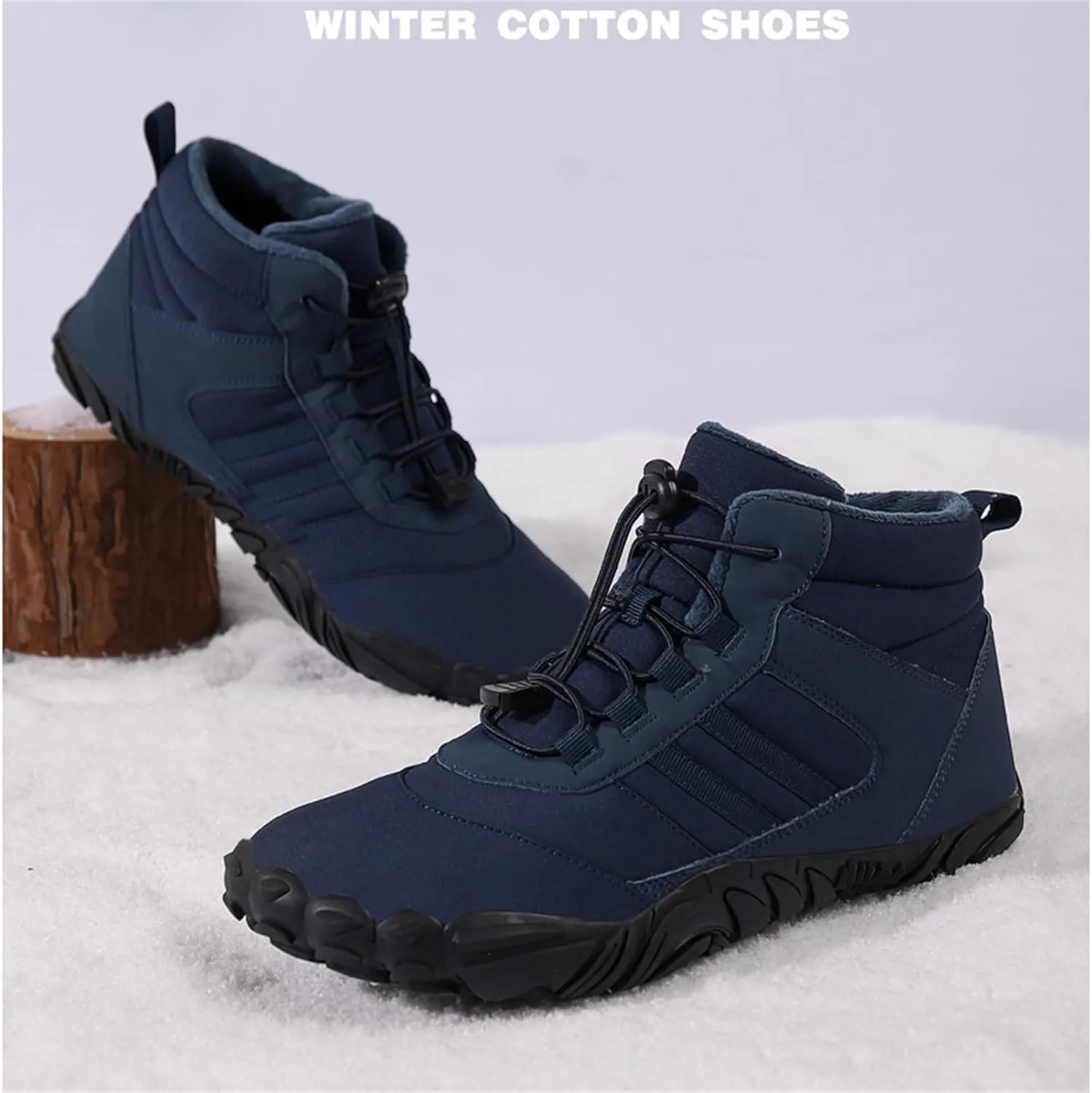 UZUJBAA Men's Winter Warm Wide Toe Barefoot Shoes,Waterproof Fur Lined Minimalist Zero Drop Non-Slip Sole Sneakers Hiking Walking Shoes Comfort Outdoor Ankle Booties with Adjustable Elastic Band