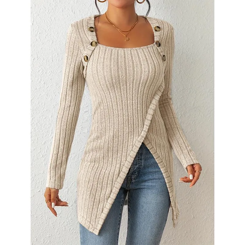 Women's Square-Neck Off-Shoulder Slit Sweater Stylish Chic & Comfortable