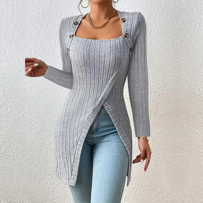 Women's Square-Neck Off-Shoulder Slit Sweater Stylish Chic & Comfortable