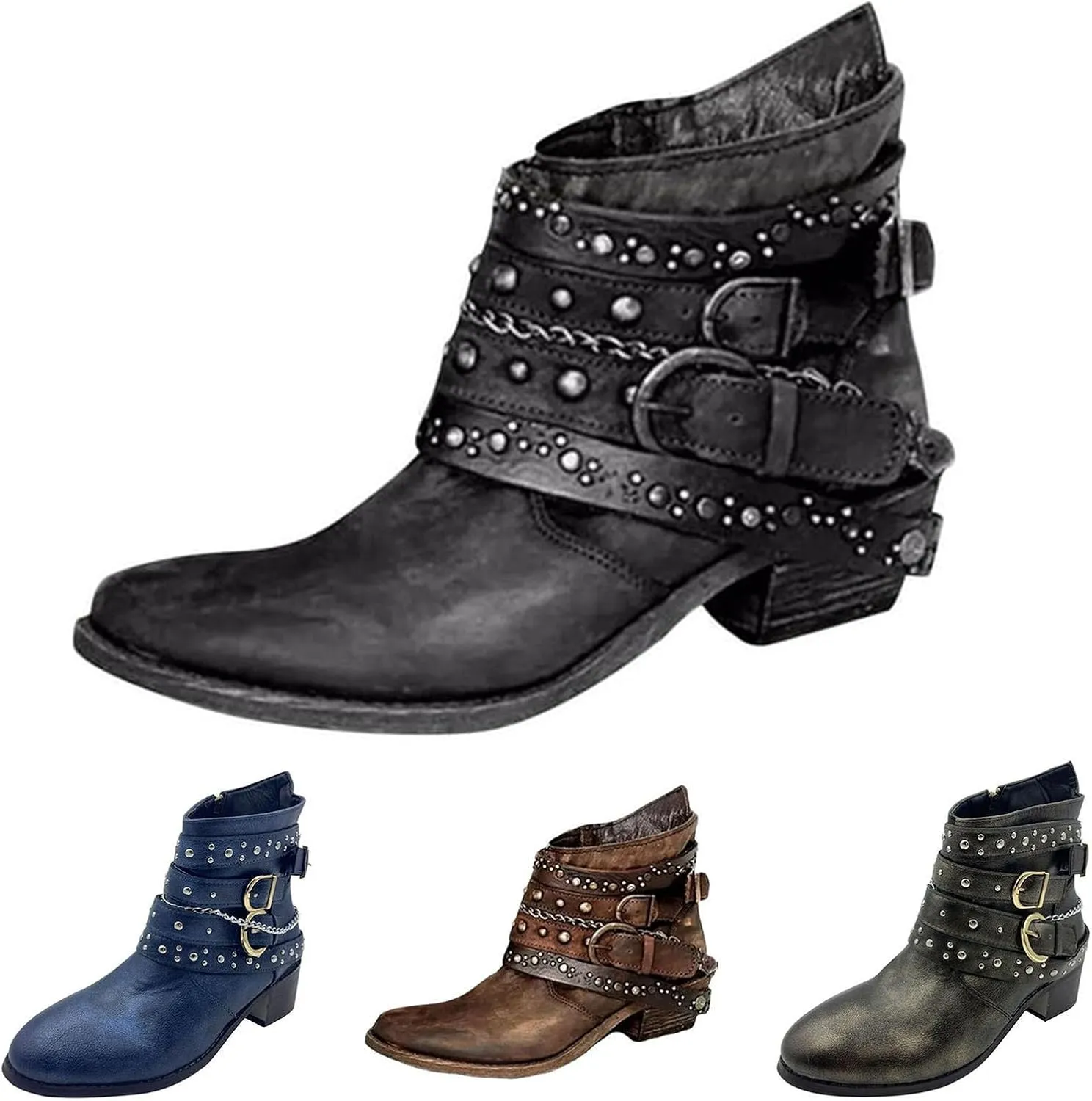 Womens Winter Boots Ankle Cowboy Booties Wide Width Short Western Boots for Women Short Walking Boot Comfy Soft Cover Heel Chunky Low Heel Classic Pointed Toe