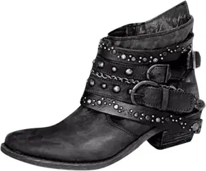 Womens Winter Boots Ankle Cowboy Booties Wide Width Short Western Boots for Women Short Walking Boot Comfy Soft Cover Heel Chunky Low Heel Classic Pointed Toe